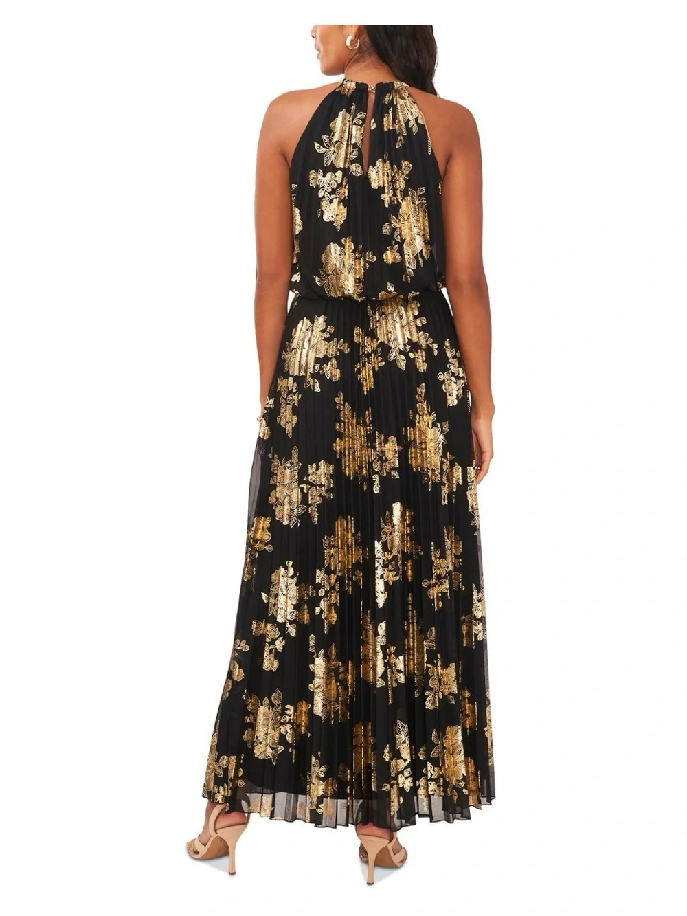 MSK Black and Gold Halter Pleated Floral Maxi Dress - Picture 2 of 2